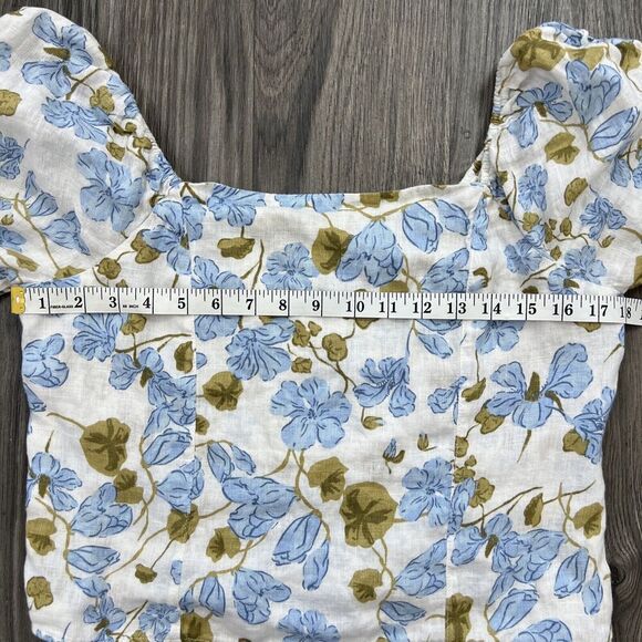 Joie Linen Linen Puff Sleeve Shirred Blue White Floral Blouse Size XL - Picture 2 of 6